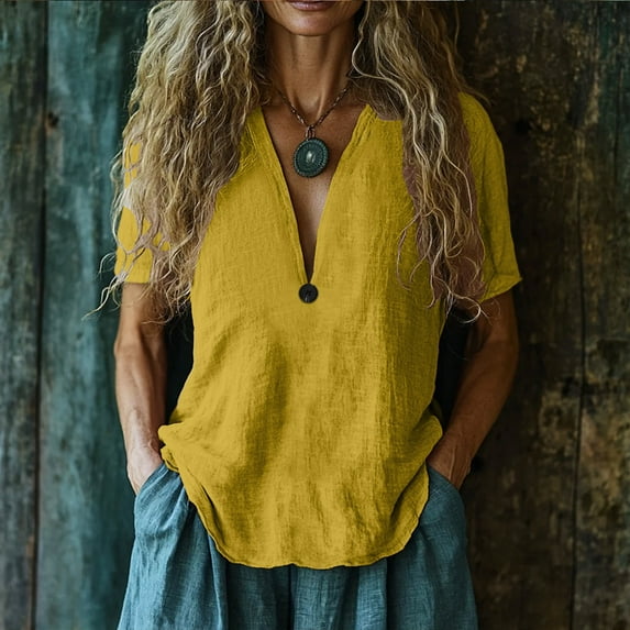 Womens Tops Plus Size Short Sleeve Cotton Linen V-Neck Button Solid Shirt Loose T-shirt Yellow XL