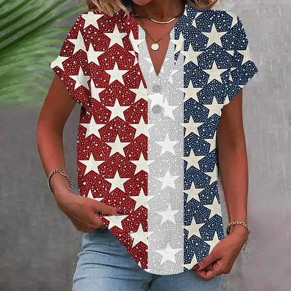 Womens Tops Plus Size Short Sleeve Independence Day Printed Button Casual V-Neck T-shirt Blue M