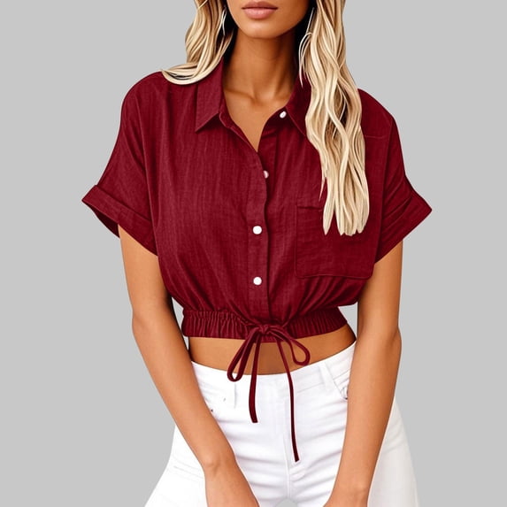 Womens Tops Plus Size Short Sleeve Lapel Cotton Linen Loose Button Tunic Summer Work Clothes Wine XL
