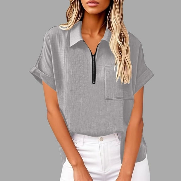 Womens Tops Plus Size Short Sleeve Lapel Loose Zip Tunic Summer Work Clothes Shirt Blouse Gray XL