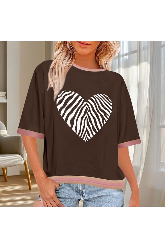 Womens Tops Plus Size Short Sleeve Love Printed Round Necked Casual Tops Brown XXL