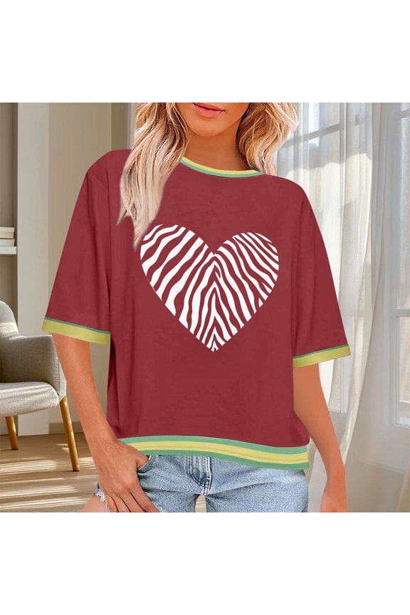 Womens Tops Plus Size Short Sleeve Love Printed Round Necked Casual Tops Wine XXL