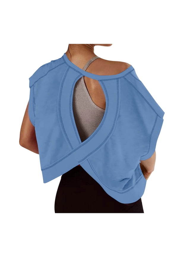 Womens Tops Plus Size Short Sleeve Open Back Workout Backless Running Gym Yoga Shirts Casual Loose Fit Basic Tees Blue XXL