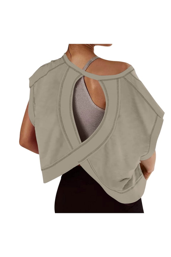 Womens Tops Plus Size Short Sleeve Open Back Workout Backless Running Gym Yoga Shirts Casual Loose Fit Basic Tees Khaki XXL