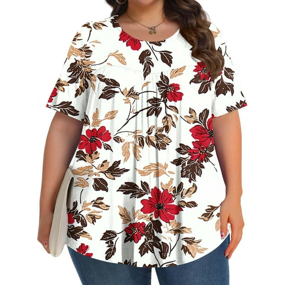 Womens Tops Plus Size Short Sleeve Pleated Solid Round Neck Printed Plus Size Fold Blouse Multicolor XXL