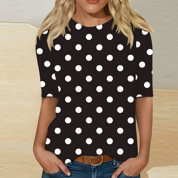 Womens Tops Plus Size Short Sleeve Polka Dot Round Neck Pullover Casual Shirts Loose Blouse Black XXL