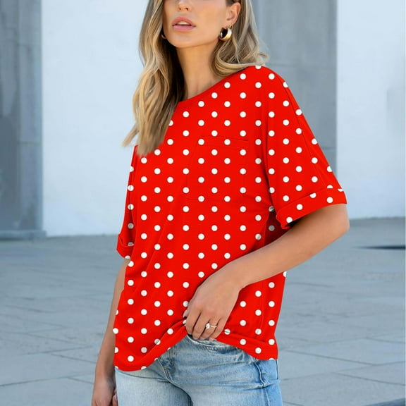 Womens Tops Plus Size Short Sleeve Print Pocket Polka Dot Casual Round Neck Blouse Red XXL