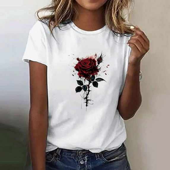 Womens Tops Plus Size Short Sleeve Round Neck Floral Print T-shirt Multicolor XL