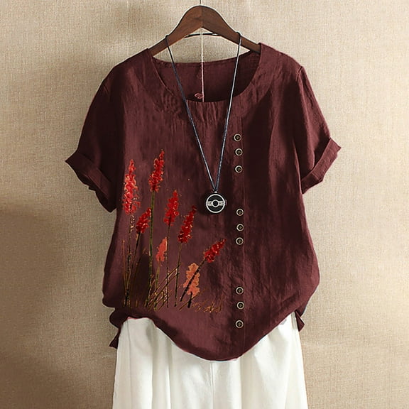 Womens Tops Plus Size Short Sleeve Round Neck Flower Printing Loose Summer Casual T Shirts