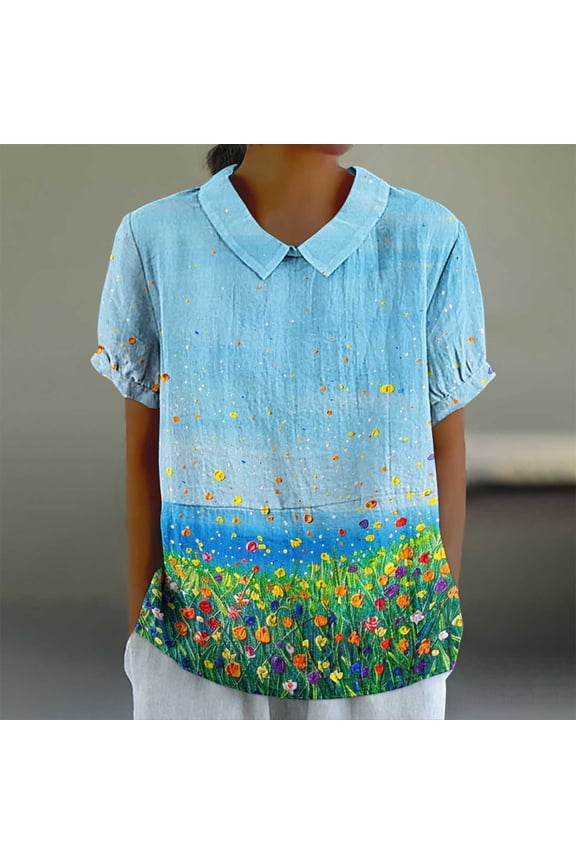 Womens Tops Plus Size Short Sleeve Round Neck Printing Casual Cropped Loose Shirt Multicolor XL