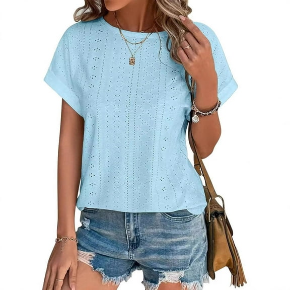 Womens Tops Plus Size Short Sleeve Round-Neck Solid Summer Casual Blouse Light Blue XL