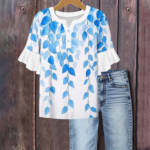 Womens Tops Plus Size Short Sleeve Ruffles V-Neck Button Casual Printed Home T-shirt Blouses White XL