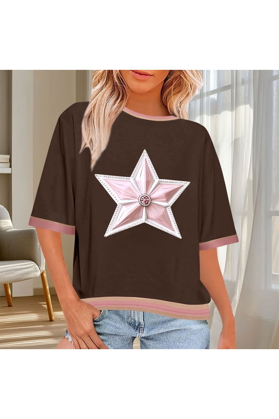 Womens Tops Plus Size Short Sleeve Star Printed Round Necked Casual Star Printed Tops Brown XXL