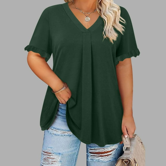 Womens Tops Plus Size Short Sleeve V Neck Pleats Ruffles Plus Casual Pullover T Shirt Green XL