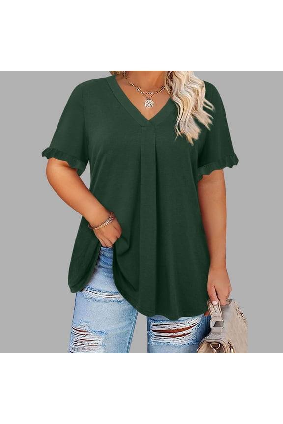 Womens Tops Plus Size Short Sleeve V Neck Pleats Ruffles Plus Casual Pullover T Shirt Green XL
