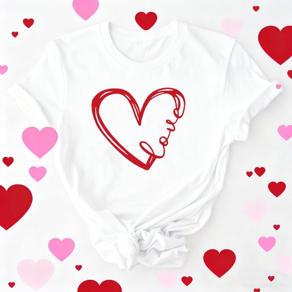 Womens Tops Plus Size Short Sleeve Valentine's Day Print Round-Neck Shirt Casual Pullover Tee Blouses White