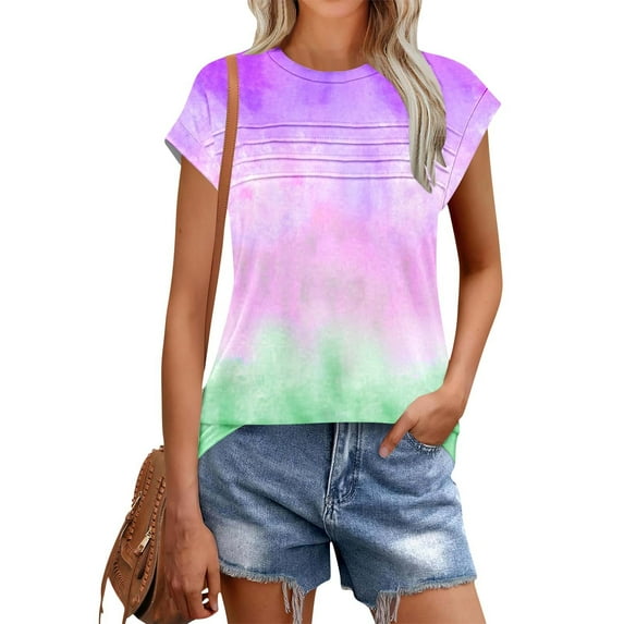 Womens Tops Plus Size Short Sleeved Round Neck Pleated Casual T-shirt Multicolor XL