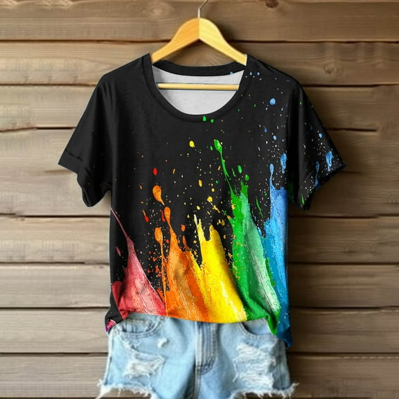 Womens Tops Plus Size Short Sleeved Round Neck Rainbow Casual Printed T-shirt Top Multicolor M
