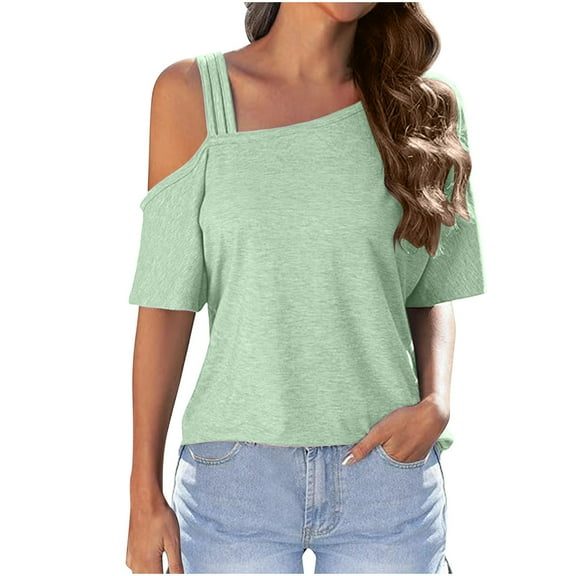 Womens Tops Plus Size Short-Sleeved Round Neck Solid Color Off-Shoulder Summer Casual Outer Wear Loose Shirt Green XL