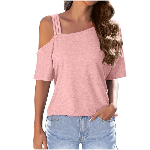 Womens Tops Plus Size Short-Sleeved Round Neck Solid Color Off-Shoulder Summer Casual Outer Wear Loose Shirt Pink XL