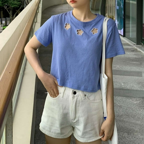 Womens Tops Plus Size Short Sleeved Round Neck Summer Base T-shirt Sky Blue XL