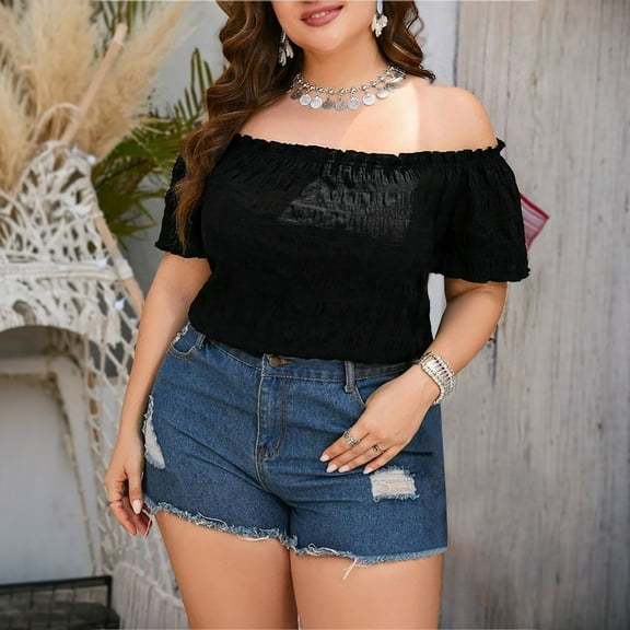 Womens Tops Plus Size Short Sleeved Solid Color One Shoulder Loose Casual Top Black XL