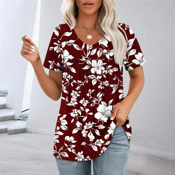 Womens Tops Plus Size Short Sleeved V-Neck Floral Print Pleated Casual Summer Blouse Red XXL