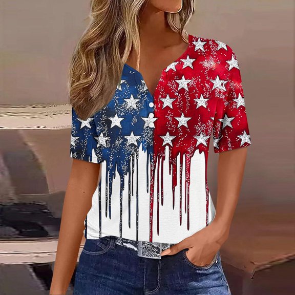 Womens Tops Plus Size Short Sleeved V-Neck Independence Day Printed Blouses Button Up Top White M