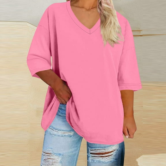 Womens Tops Plus Size Short Sleeved V-neck Oversized Solid Summer Base Sports T-shirt Pink XL