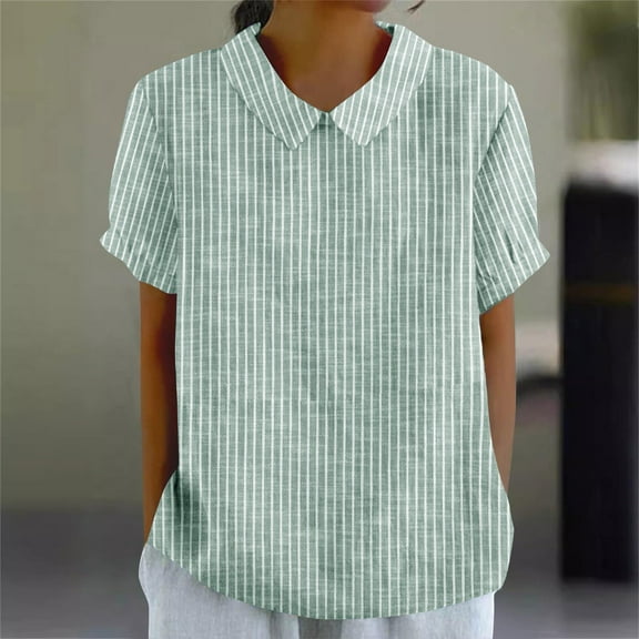 Womens Tops Plus Size Short-sleeved Turdown Collar Stripe Summer Solid T-shirt Green XL