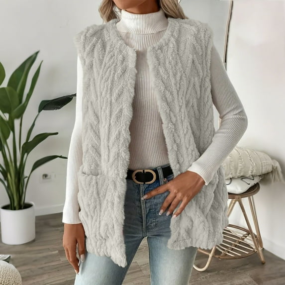 Womens Tops Plus Size Sleeveless Cardigan Pocket Round Neck Double-sided Velvet Jacket Gray S