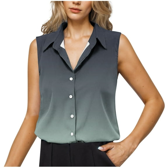 Womens Tops Plus Size Sleeveless Lapel V-neck Printed Casual Button Up Work Shirt Gray XXL