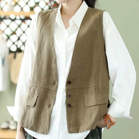 Womens Tops Plus Size Sleeveless Pocket Cotton Linen Buttons Loose Jacket Khaki XL