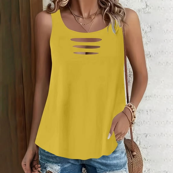 Womens Tops Plus Size Sleeveless Round Neck Casual Pullover Tank Tops for Women Summer T Shirts Trendy Sleeveless Basic Tee Loose Fit 2025 Fashion Yellow XXL