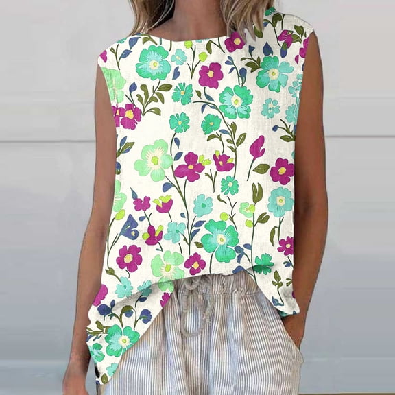 Womens Tops Plus Size Sleeveless Round Neck Floral Printed Casual Tank Top Green XL