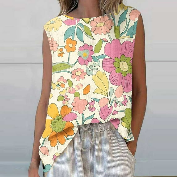Womens Tops Plus Size Sleeveless Round Neck Floral Printed Casual Tank Top Multicolor XL