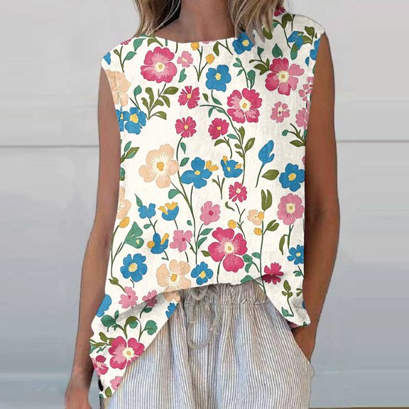 Womens Tops Plus Size Sleeveless Round Neck Floral Printed Casual Tank Top Pink XL