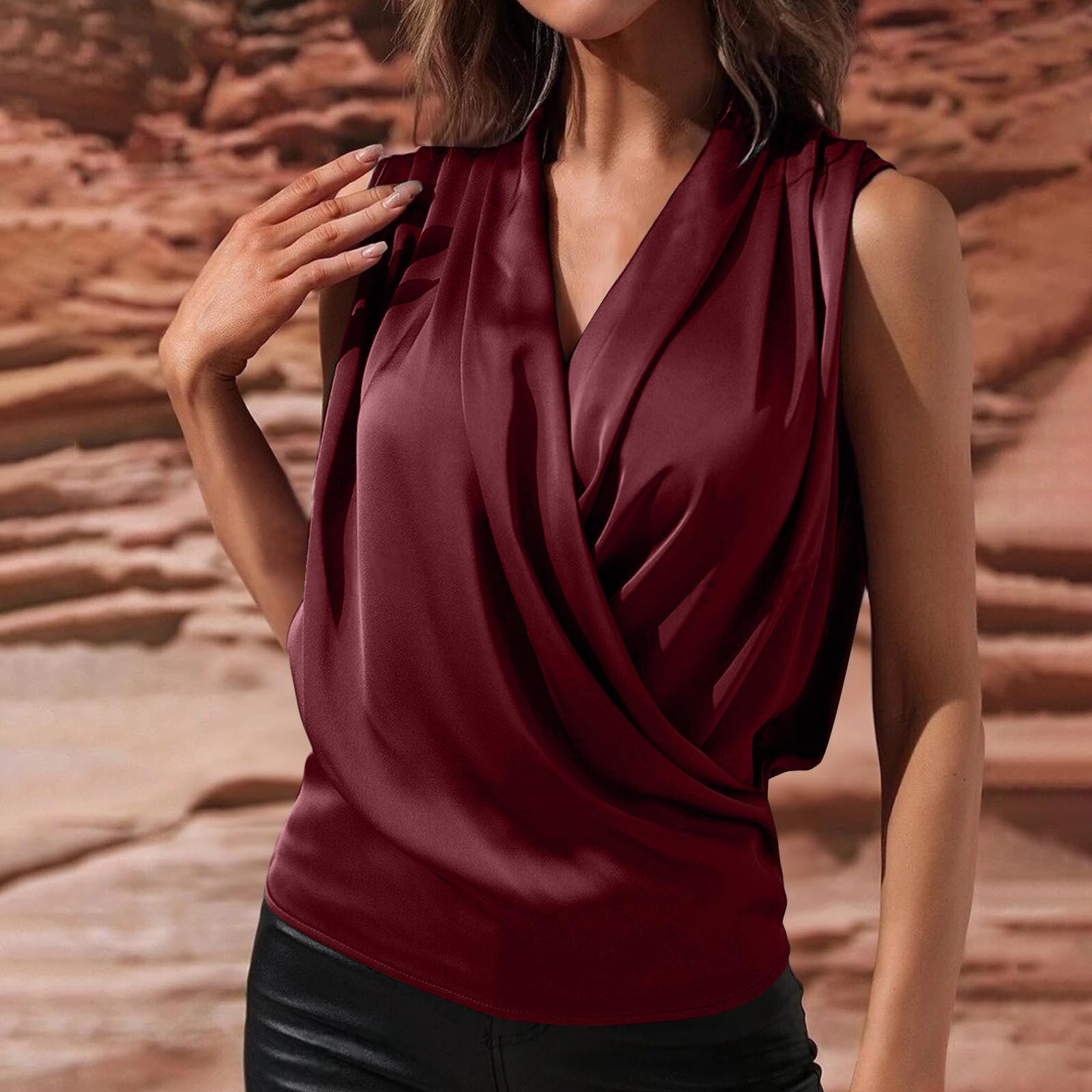 Tops for Women under $5 Sleeveless Solid V-Neck Casual Fold Blouse 