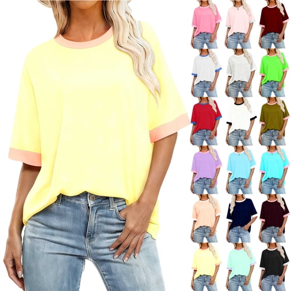 Womens Tops Plus Size Solid Color T-Shirt Women's Trendy Casual Loose Short Sleeves Pullover Lightweight Blouses Summer Base Layer T-Shirt