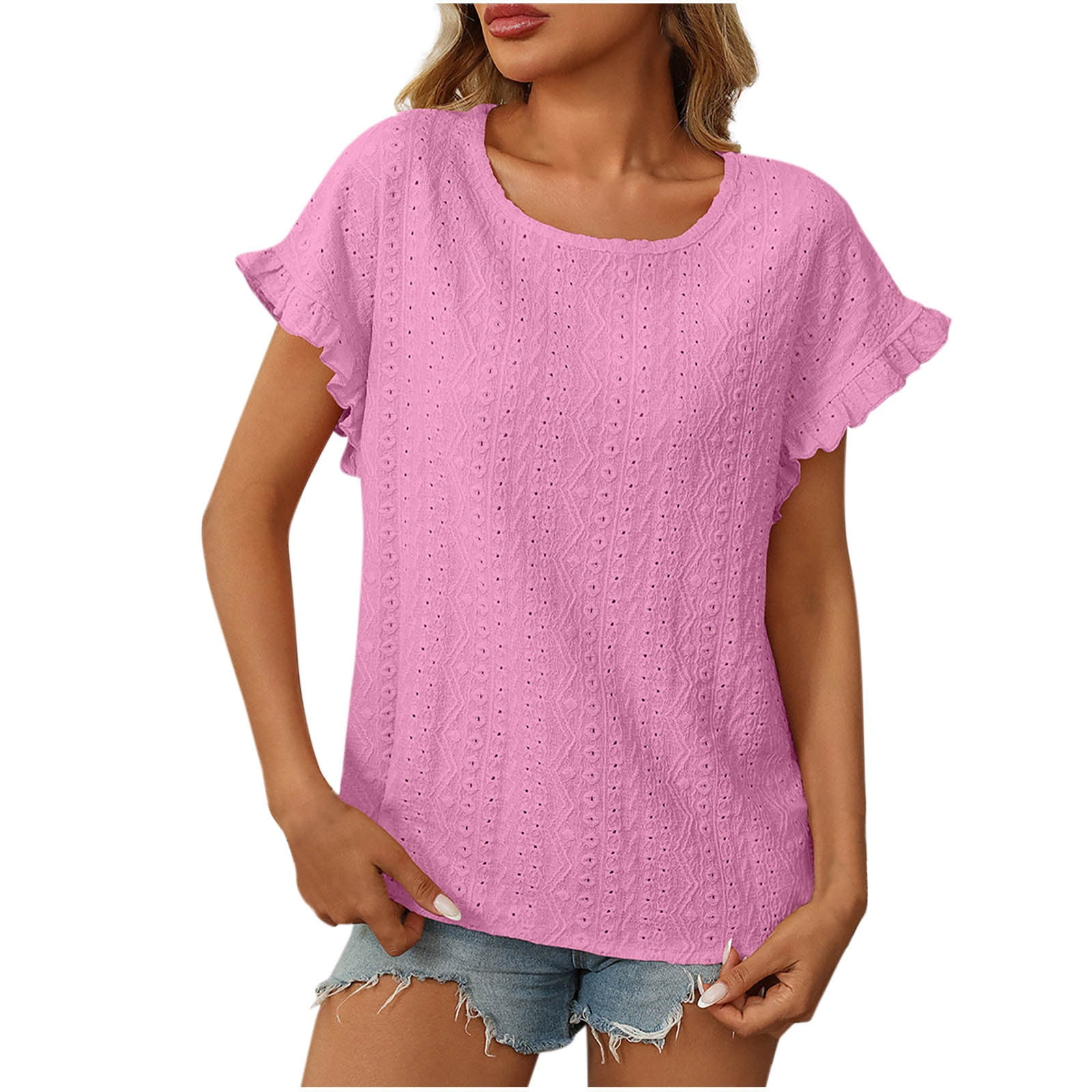 Women's T-Shirts Loose Fit Crew Neck Top With Ruffle Sleeves | Summer Casual T-Shirt, Pink, XX-Large