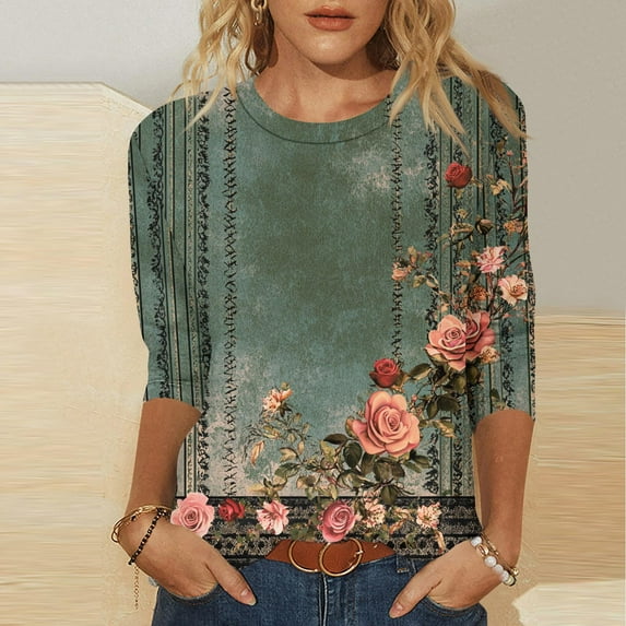 Womens Tops Plus Size Three-Quarter Sleeve Printed Round-Neck Blouses Army Green M