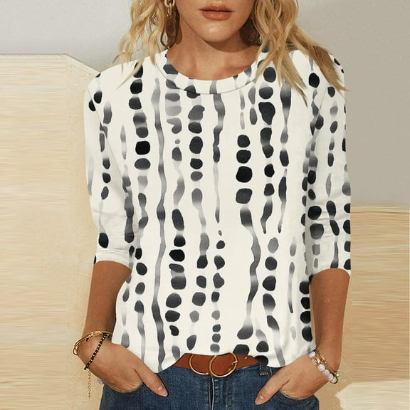 Womens Tops Plus Size Three-Quarter Sleeve Printed Round-Neck Blouses Beige 4XL