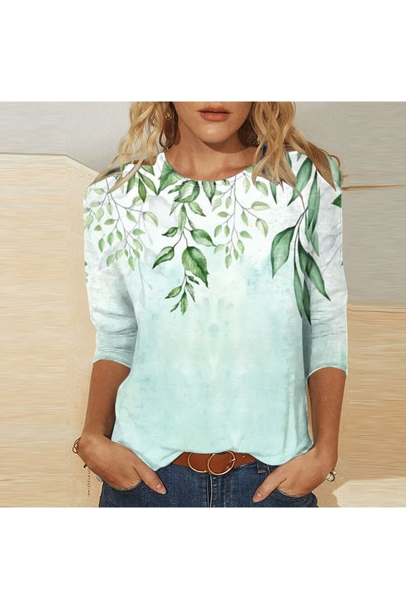 Womens Tops Plus Size Three Quarter Sleeve Retro Round Neck Easter Printed Loose Blouse
