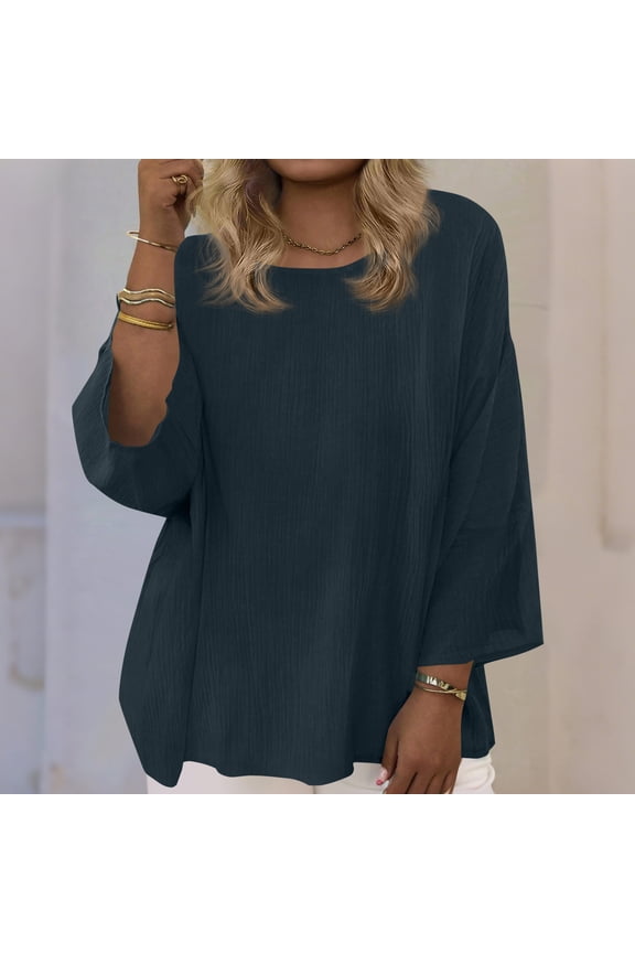 Womens Tops Plus Size Three Quarter Sleeves Blouse Crew Neck Summer Casual Loose Lightweight Drop Shoulder Tops,Size XL