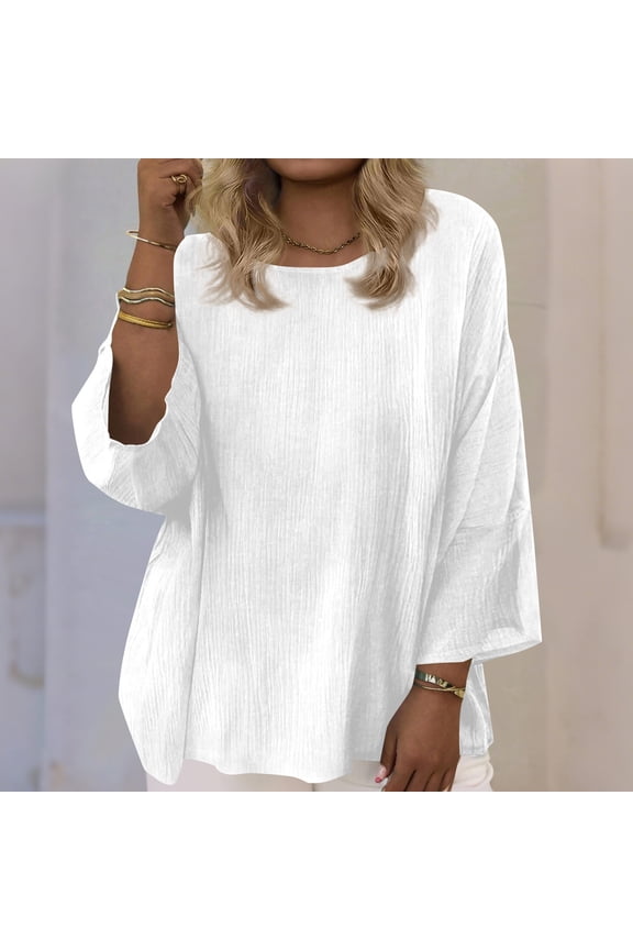 Womens Tops Plus Size Three Quarter Sleeves Blouse Crew Neck Summer Casual Loose Lightweight Drop Shoulder Tops,Size XXXL