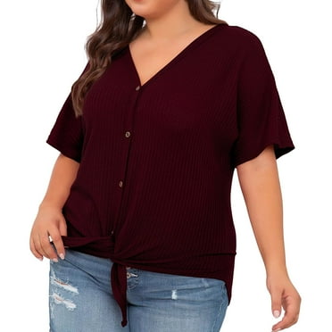 Womens Tops Plus Size Tops Short Sleeve V Neck Knit Tunic Blouse Tie Front Button Up T Shirts Plus Size Tops for Women