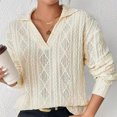 thumbnail image 1 of Womens Tops Plus Size Tops for Women Ndbuld Women's Casual Diamond-patterned Mesh Crocheted Flower-shaped Shoulder Long-sleeved Top Beige 2XL, 1 of 8
