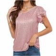 thumbnail image 1 of Womens Tops Plus Size Tops for Women Ndbuld Women's Sparkly Sequin Tops Short Sleeve Glitter Dressy Blouses Round Neck Club Ruffle Party Tops Great Gifts for Less Pink 2XL, 1 of 7