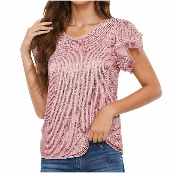 Womens Tops Plus Size Tops for Women Ndbuld Women's Sparkly Sequin Tops Short Sleeve Glitter Dressy Blouses Round Neck Club Ruffle Party Tops Great Gifts for Less Pink 2XL