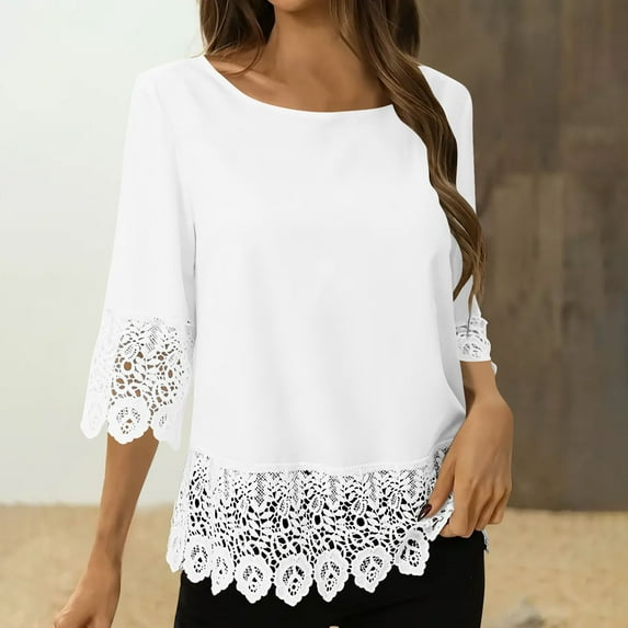 Womens Tops Plus Size Tops for Women Ndbuld Women's 3/4 Sleeve Lace Patchwork Crew Neck Solid Color Casual Top on Clearance White XL